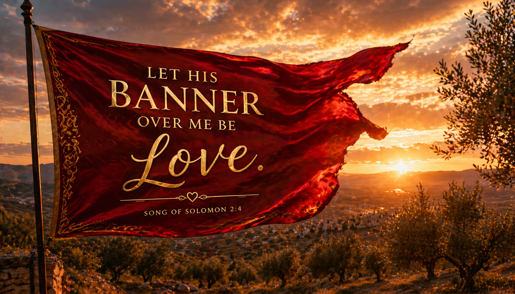 Song of Solomon 2:4 Bible verse wallpaper red silk banner unfurling wind olive grove sunset golden sky banner over me love